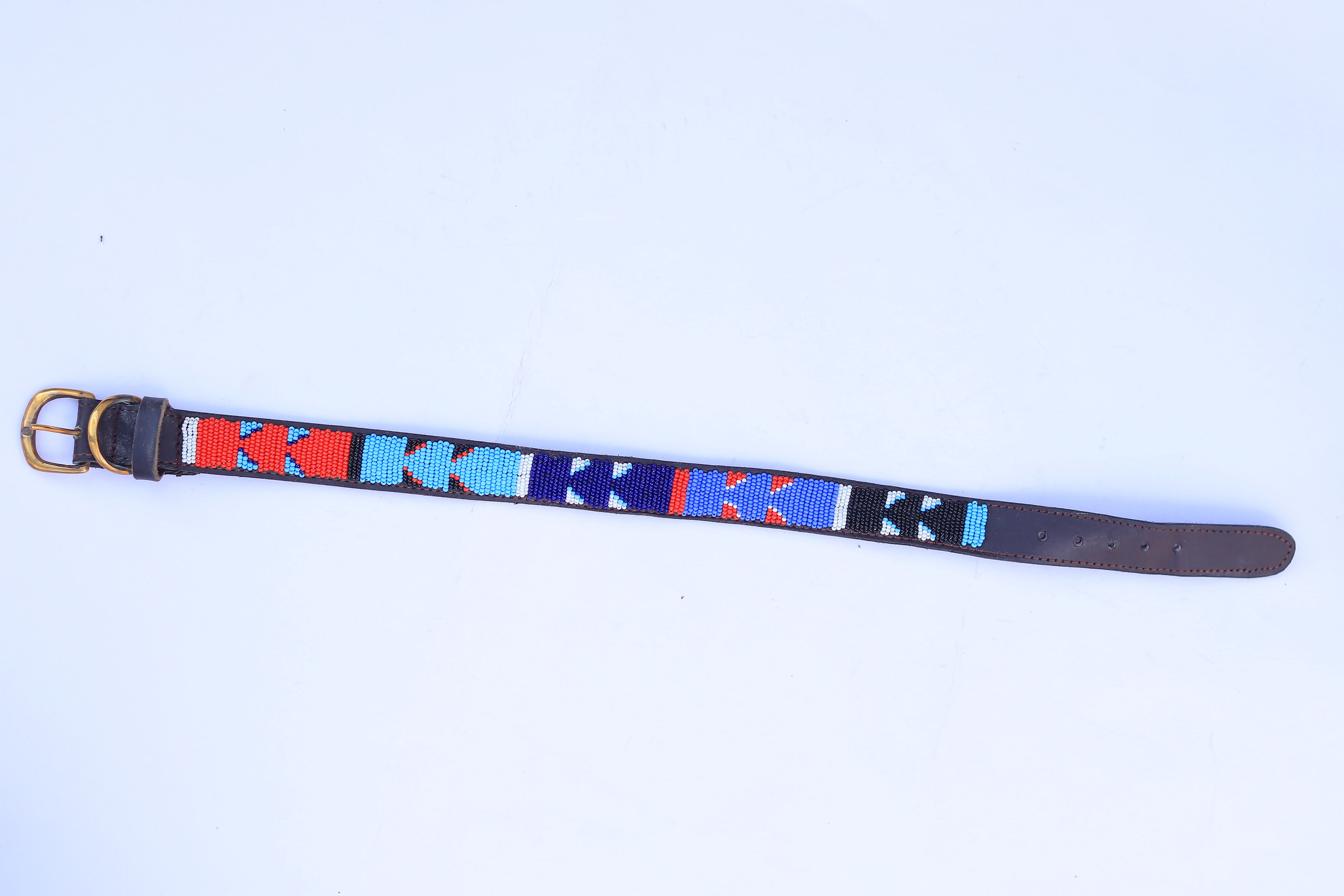 Beaded dog collar with red, blue and white Maasai arrow pattern