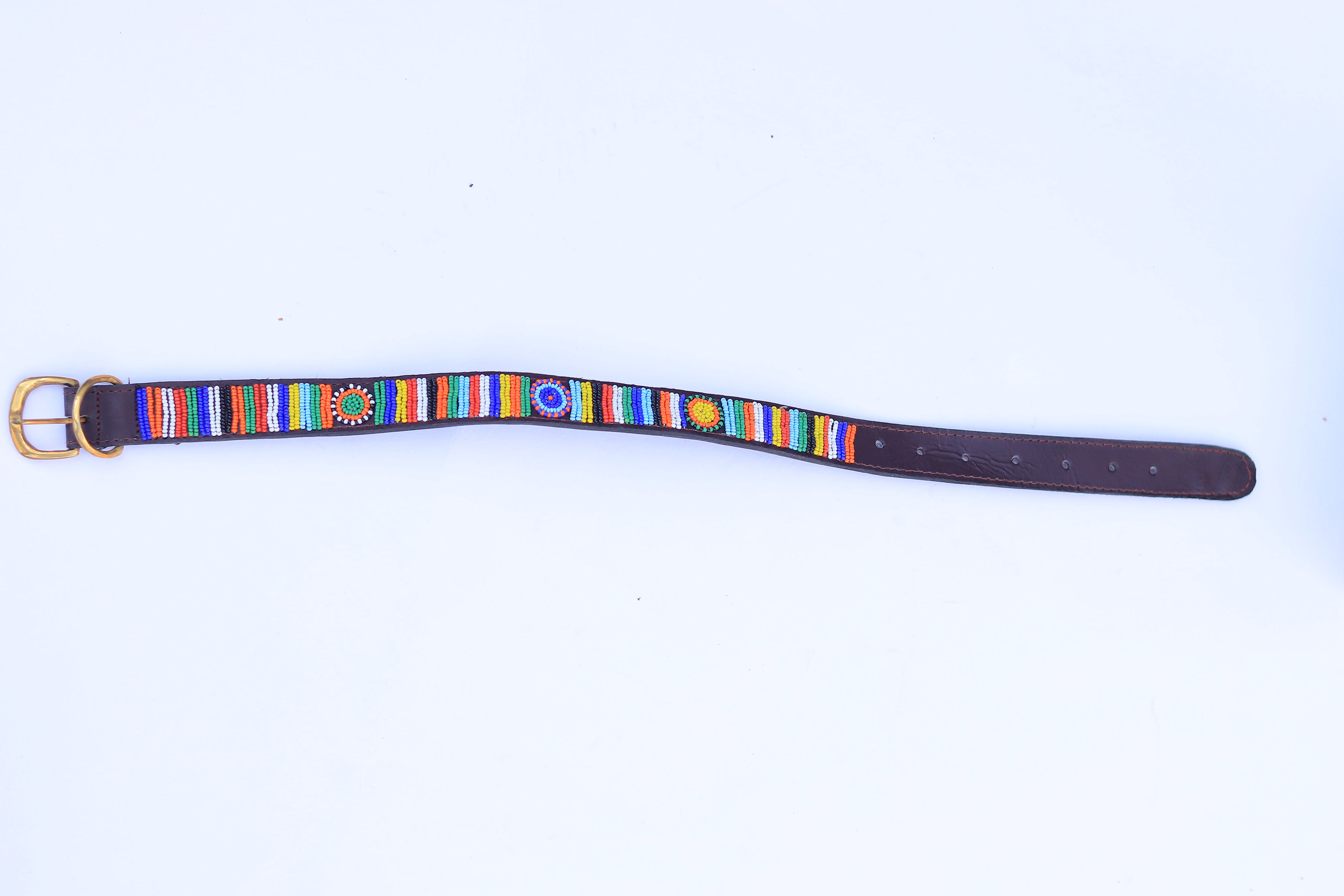 Beaded dog collar with rainbow stripes and rosette medallions