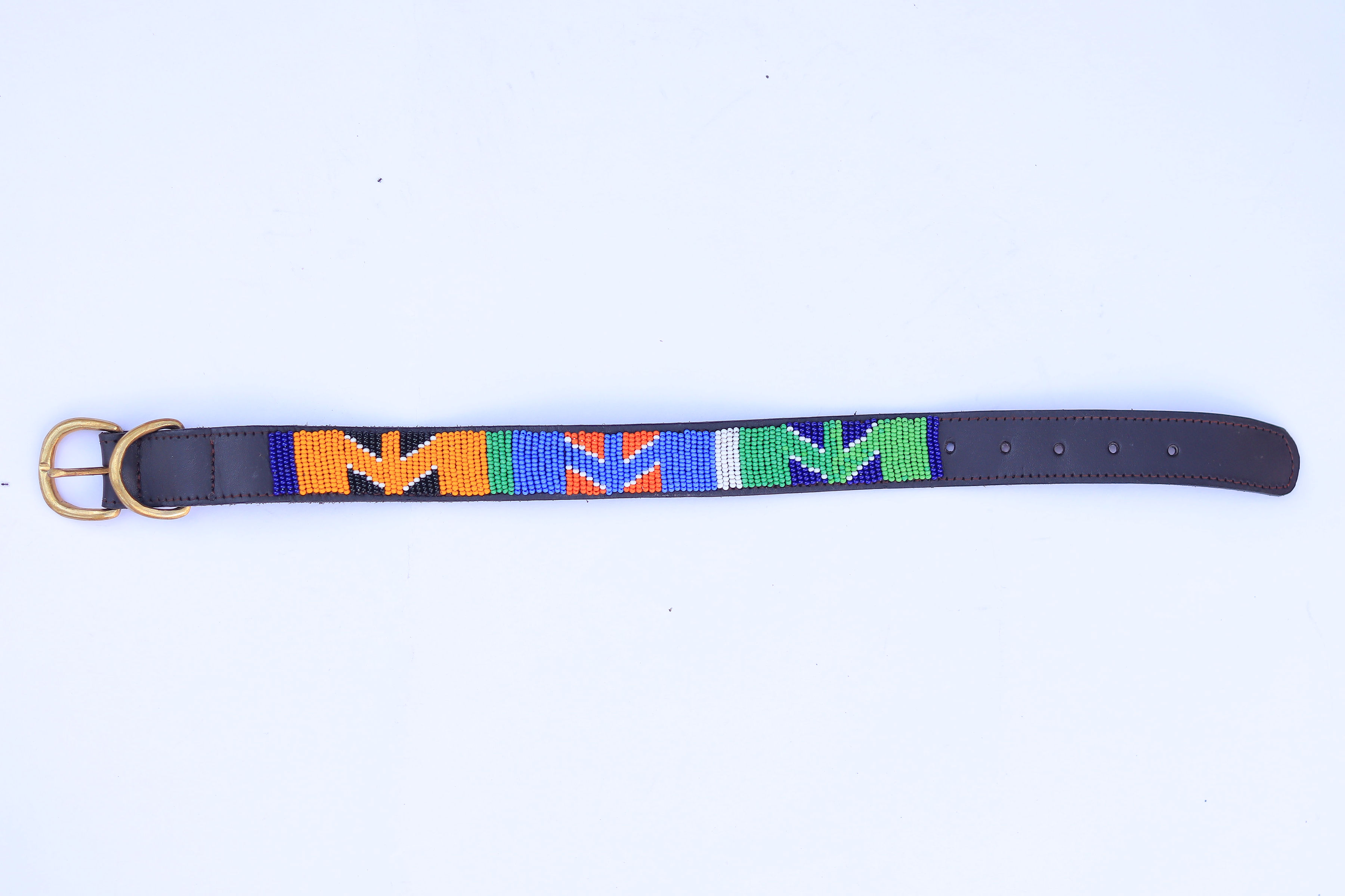 Beaded dog collar with orange, green and blue zigzag pattern