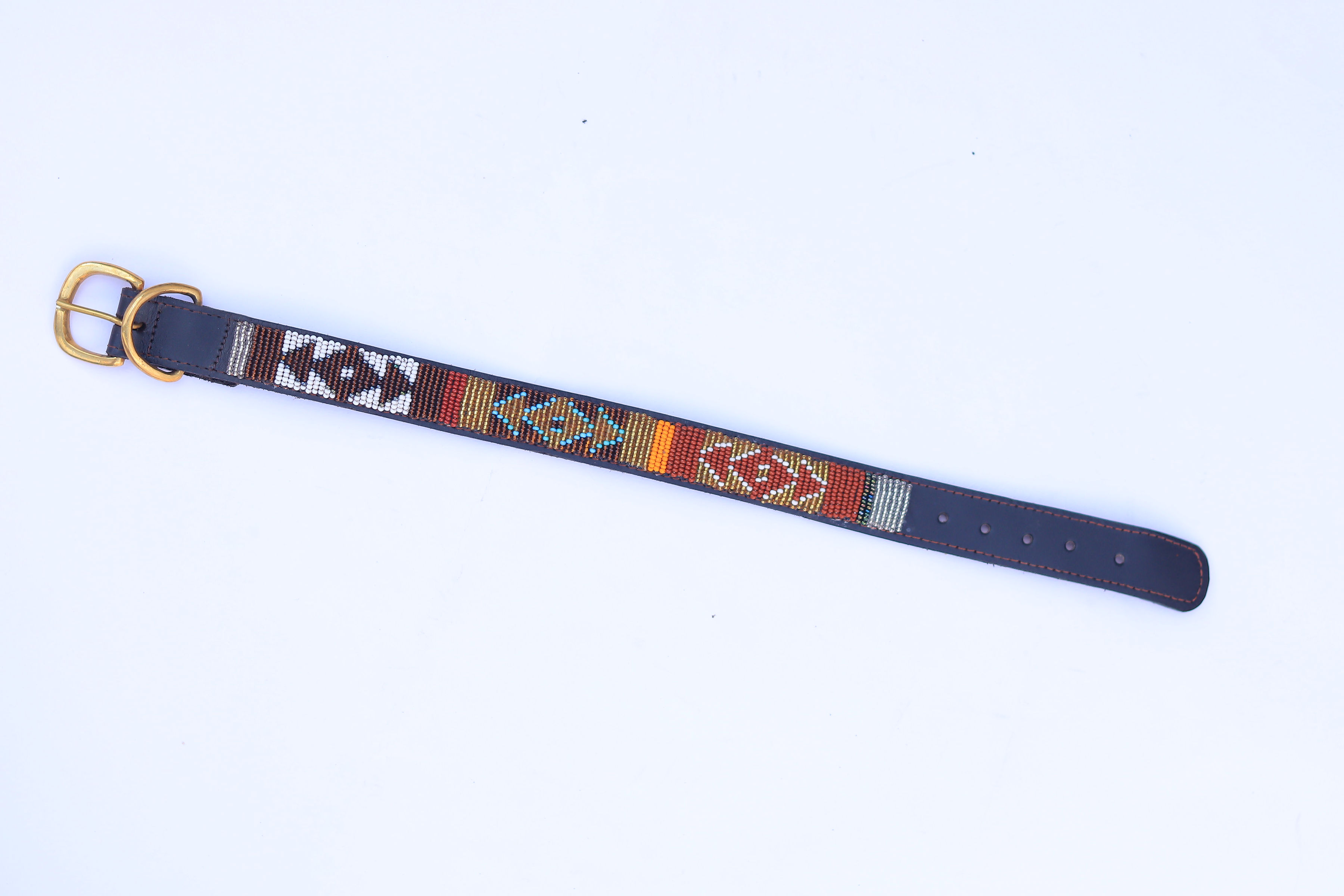 Beaded dog collar with rust, gold and turquoise earth-tone pattern