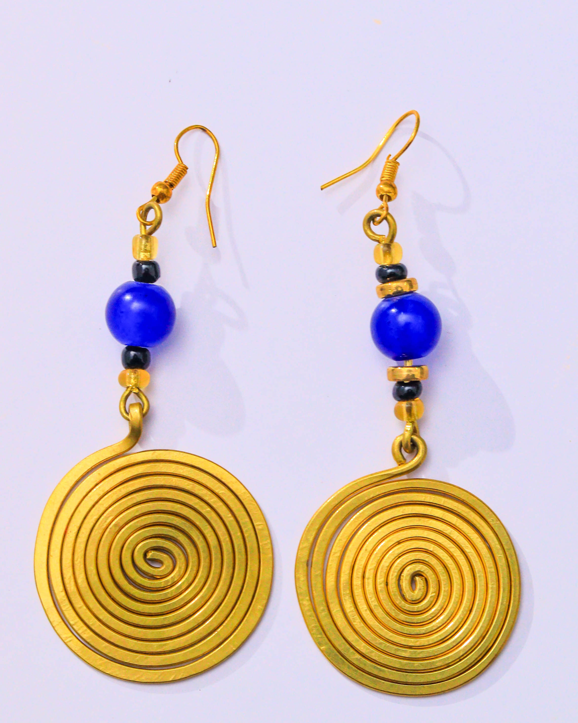 Blue Bead Spiral Disc Earrings