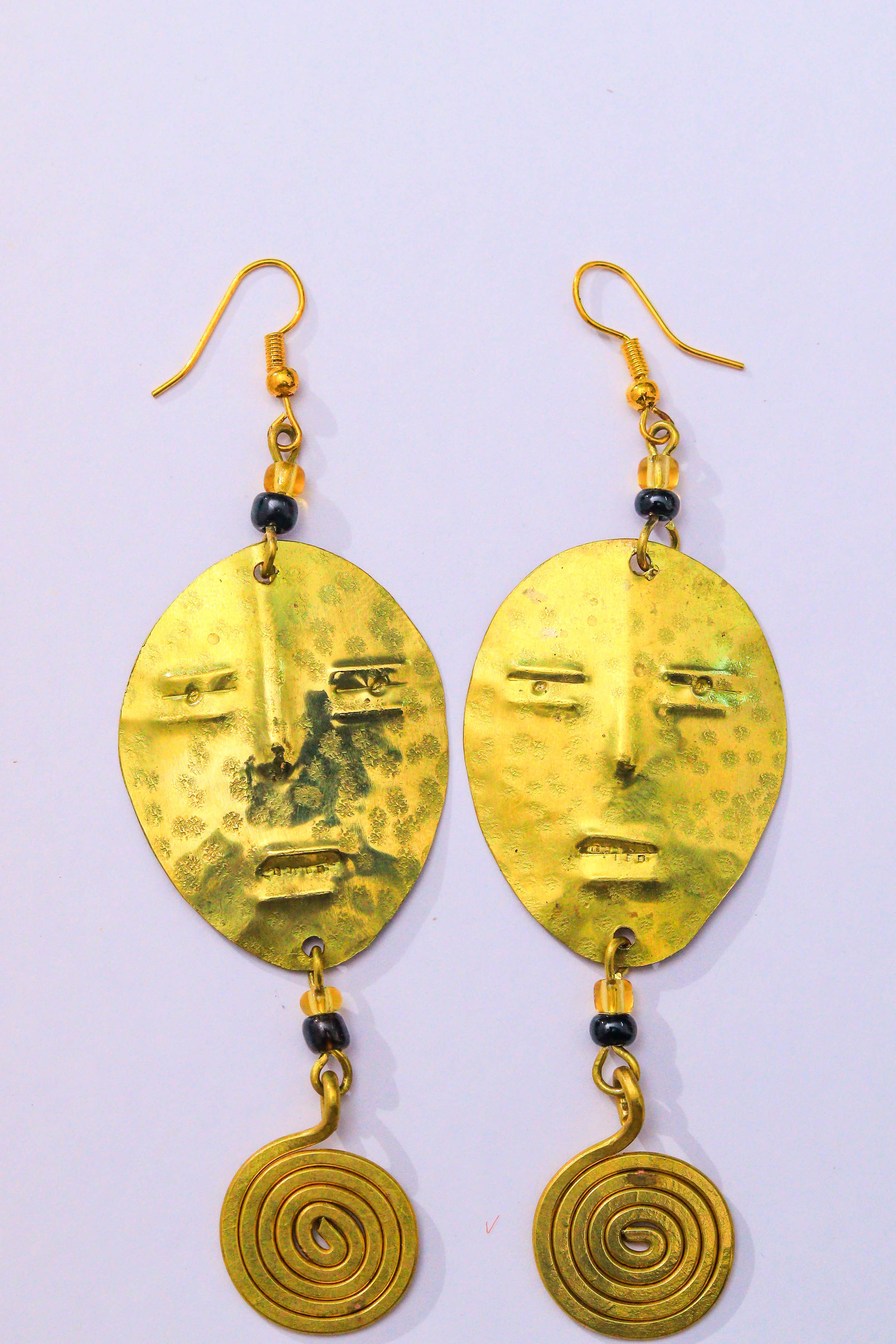 Brass Face Plate Earrings with spiral drop