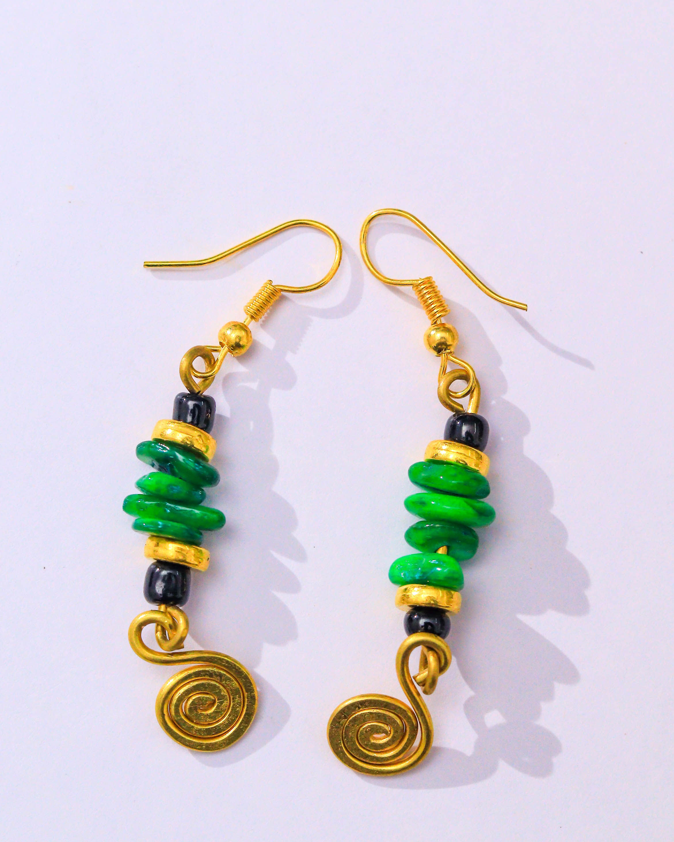 Green Stone & Brass Spiral Earrings