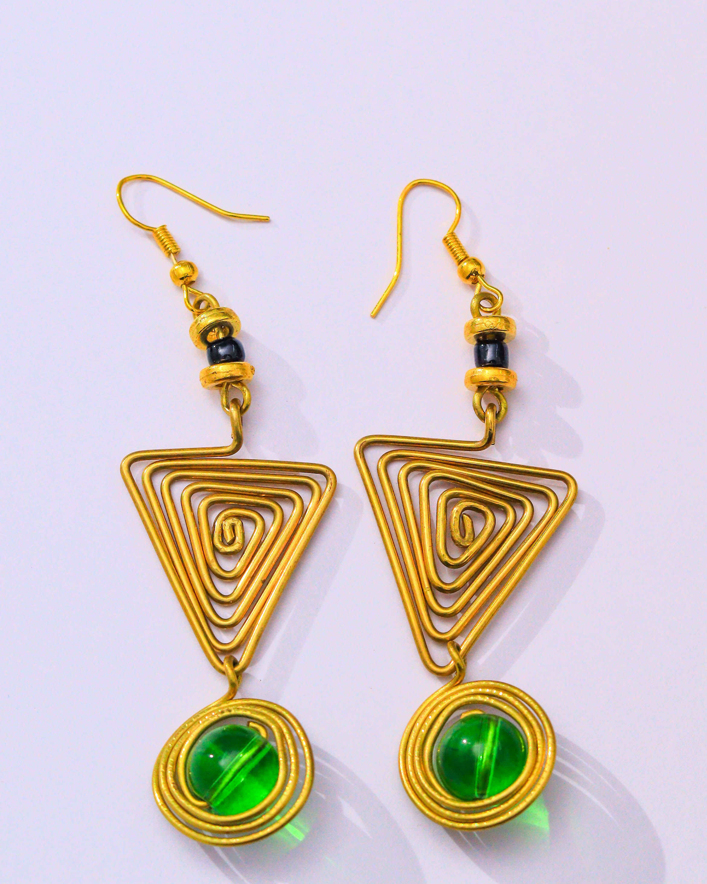 Triangle Spiral Earrings with green glass bead