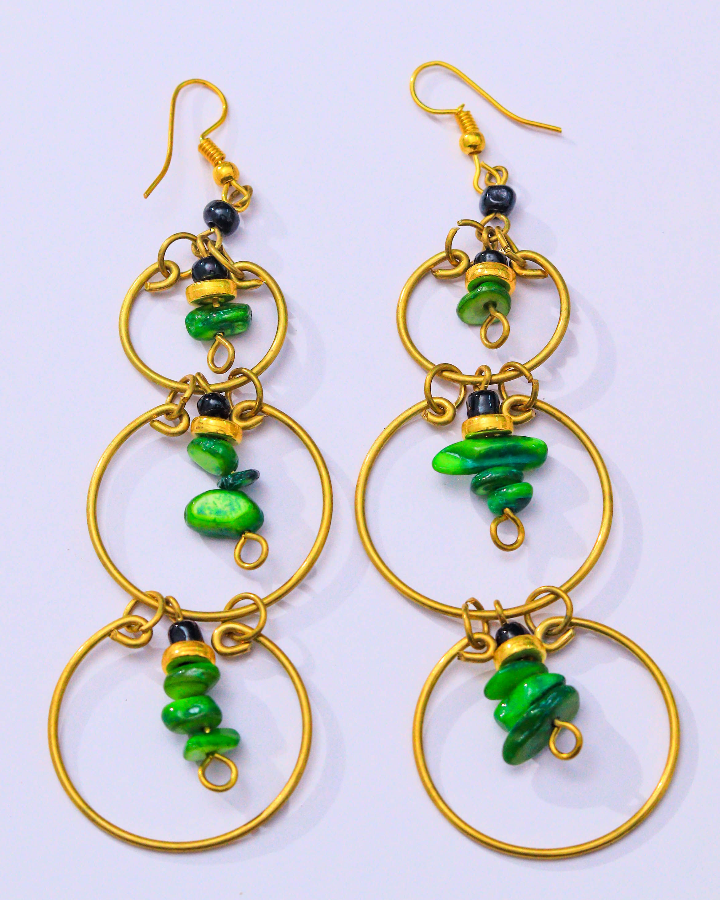 Triple Hoop Earrings with green beads