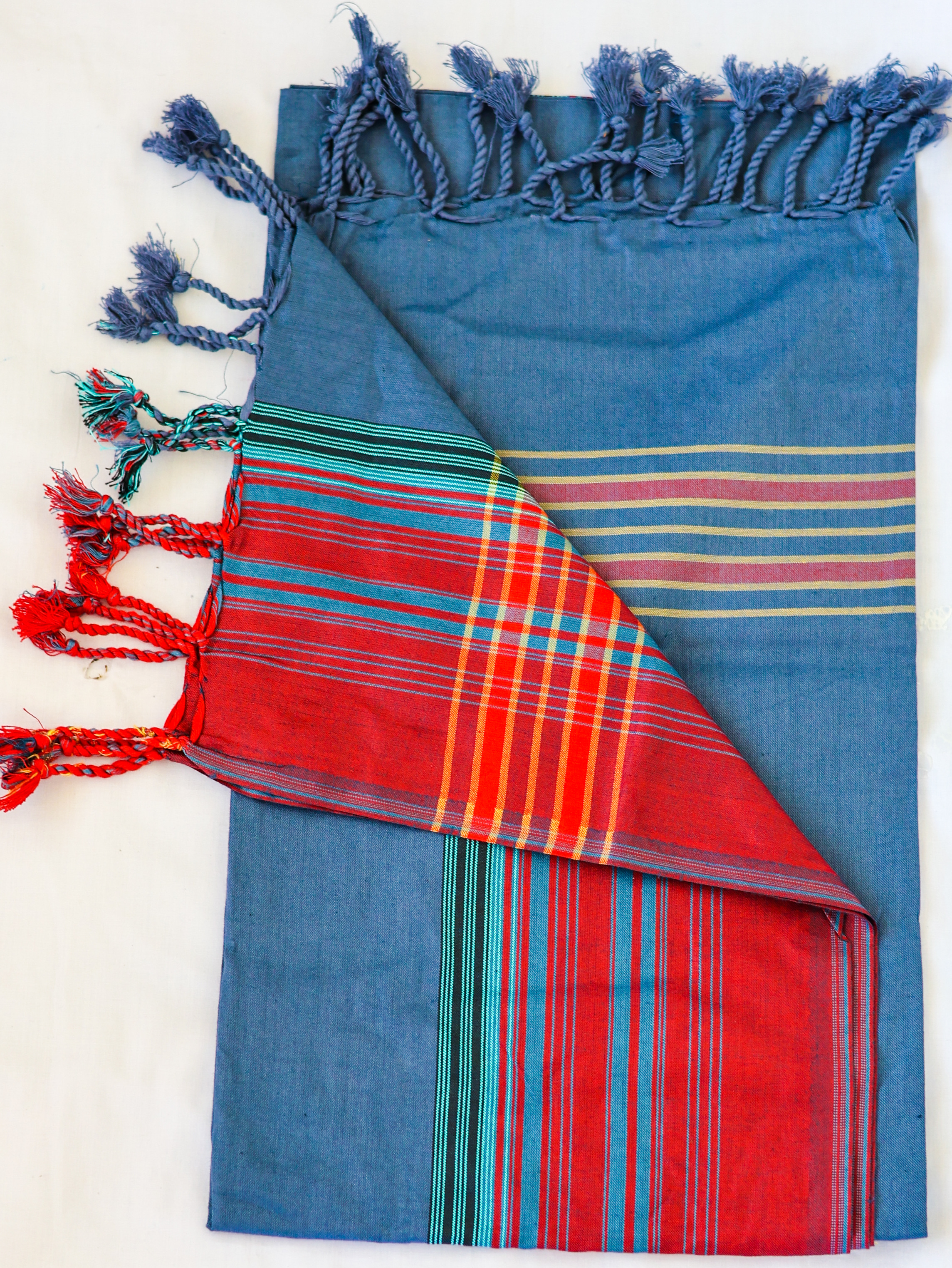 Denim Blue Reversible Kikoy with red and teal plaid
